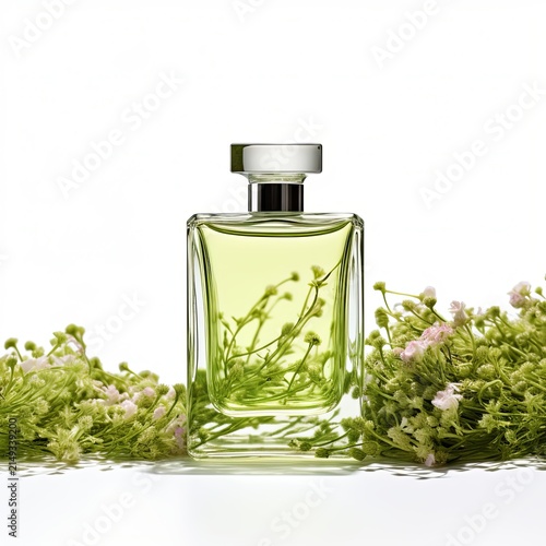 Elegant Transparent Perfume Bottle with Silver Cap Surrounded by Flowers