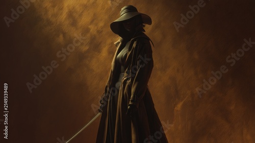 Woman with sword silhouette against fog