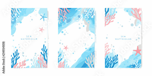 Set of three vertical sea watercolor vector illustrations depicting coral seaweed and starfish against a white background aquatic reef formations deep decorative design
