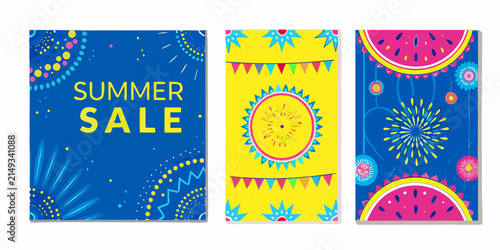 Set of three vibrant summer sale square banners featuring tropical elements and geometric patterns on a white background format pattern ornament vector illustration