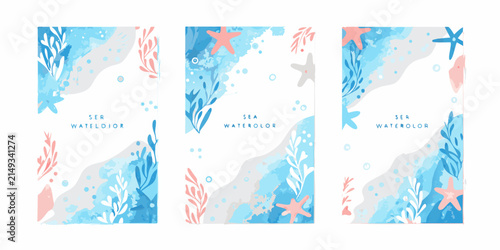 Set of three vertical sea watercolor vector illustrations featuring coral starfish and seaweed elements aquatic marine life ocean underwater illustration art digital graphic