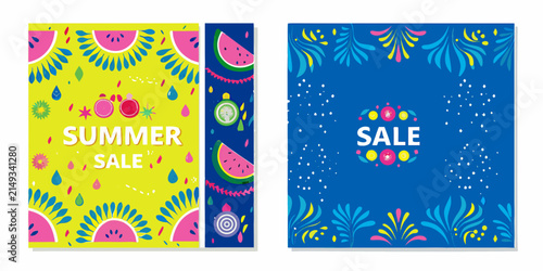 Floral and fruit pattern vector illustrations with bright colors featuring watermelon slices and tropical foliage abstract arrangement banner colorful composition decorative design graphic
