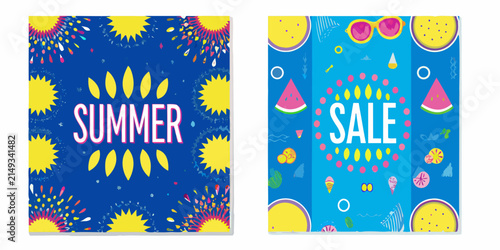 Floral ornament vector illustrations with summer and sale typography on a bright blue background banner pattern tropical design art illustration colors watermelon slice
