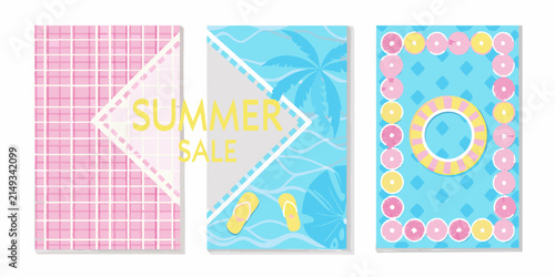 Three summer sale social media designs featuring plaid palm trees and geometric patterns in a vector illustration style abstract background advertising aqua art banner