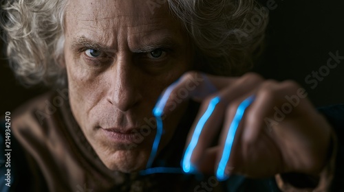 Prompt: A portrait of a focused Renaissance physician. His fingers are tipped with fine, glowing blue laser-threads as if he is stitching an invisible tear in the dark air right in front of 