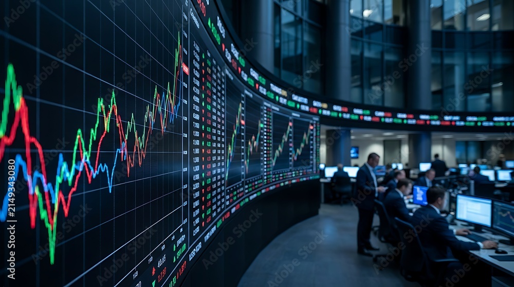 Obraz premium Financial trading floor with large curved screen displaying stock market charts and graphs with traders working at desks in modern office environment.