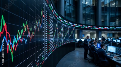 Financial trading floor with large curved screen displaying stock market charts and graphs with traders working at desks in modern office environment.