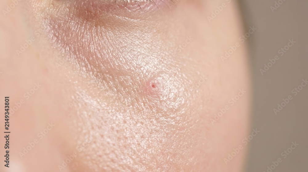 Fototapeta premium Macro close up of a tiny red puncture wound or inflamed pore on facial skin