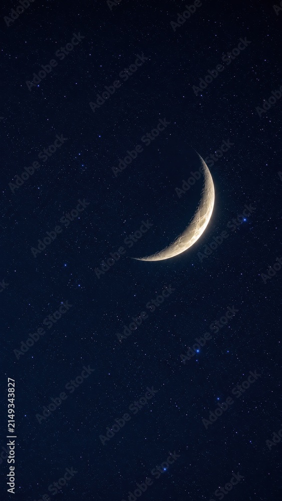 Naklejka premium Detailed crescent moon showing craters against deep dark blue starry night sky background. Concept of astronomy, outer space, celestial night landscape, and cosmos exploration.