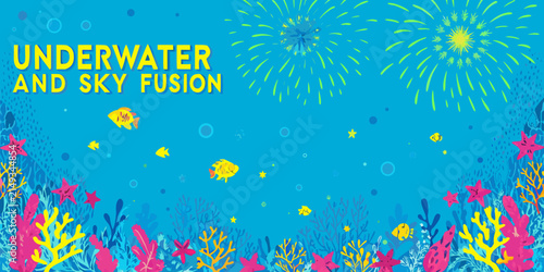 Coral reef and marine life vector illustration with bubbles and stylized fireworks in a teal setting aquatic biology ocean sea underwater undersea fish