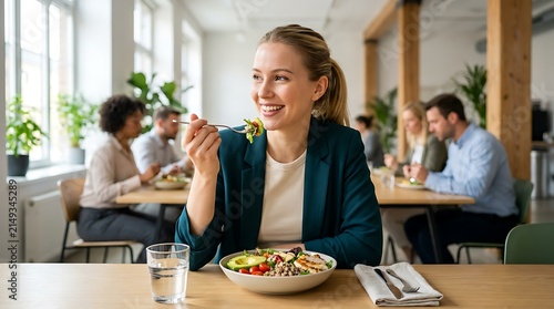 Businesswoman eats healthy fresh salad with chicken avocado and tomatoes in bright modern office cafeteria for corporate employee lunch break lifestyle concept.