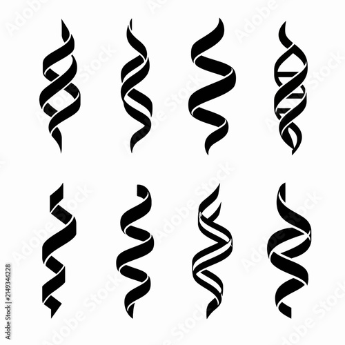 Eight black silhouette of twisted ribbons and dna helix shapes