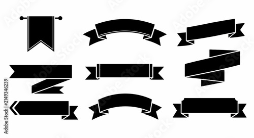 Assortment of ten black ribbon banners and a pennant flag in diverse