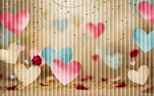Vintage heart background with pastel colors, romantic textured backdrop for Valentine's Day, soft bokeh hearts on corrugated paper