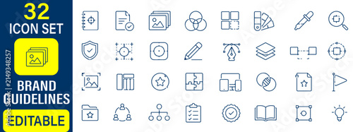 32 Brand Guidelines Vector Outline Icons Set – Brand Identity, Design System, Style Guide and Visual Branding Line Symbols Collection