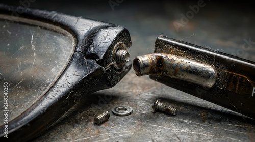 Close-up of broken eyeglasses hinge with exposed rusty metal, loose screws, and washer on a dirty, textured surface.