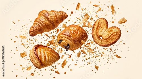 Assortment of flaky French pastries like croissants and pain au chocolat flying with crumbs in mid-air on a neutral background