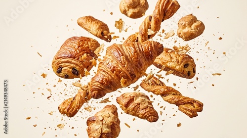 Assortment of delicious pastries captured mid-air, showcasing a delightful variety of baked goods