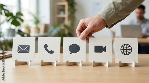 Hand selecting contact method icon card from row