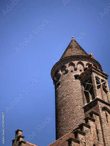 Medieval Brick Tower of a Historic Building in Bruges, Belgium
