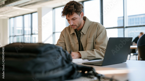 Backpack on Table with Professional Adult Student Preparing Materials Before Training Class