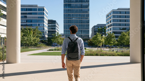 Sustainable Urban Lifestyle: Person with Backpack Walking Through Modern Sustainable City Plaza