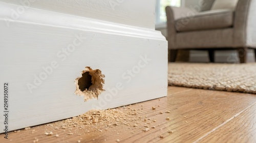 Mouse hole in white baseboard with wood shavings on wooden floor, indicating rodent or pest damage in a home.
