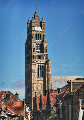 Medieval Saint Salvator's Cathedral Tower in Bruges, Belgium