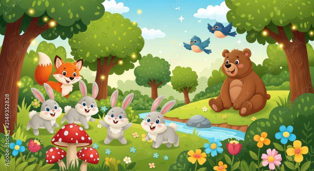 Fototapeta premium Enchanted Forest Animals Gathering by Stream.