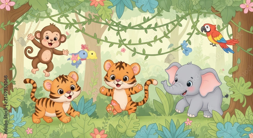 Fototapeta premium Cute Jungle Animals Cartoon Illustration.