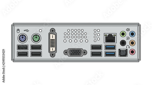 Vector illustration of a computer motherboard rear I/O panel with various ports and connectors