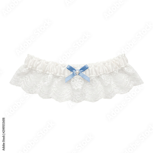 Canvastavla Elegant white lace garter with blue satin bow and pearl accent