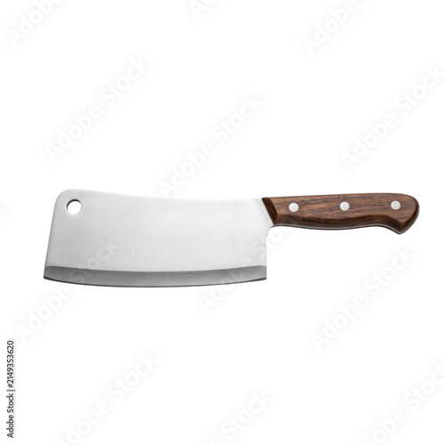 Foto Professional stainless steel meat cleaver with a wooden handle on a white backgr