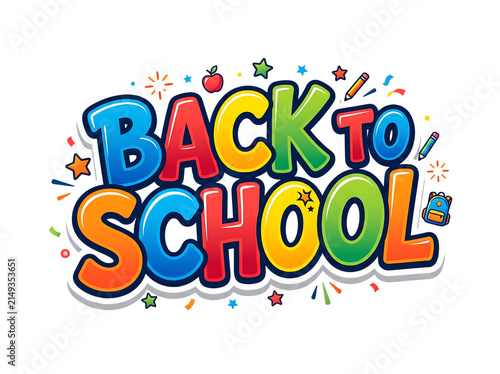 Colorful back to school text design with school supplies isolated on white background