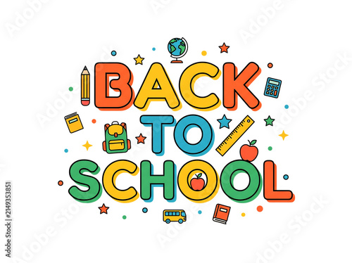 Back to school colorful text with educational icons isolated on white background