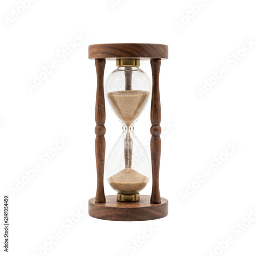 Obraz na plátně Elegant wooden hourglass with sand flowing, a classic timekeeping device