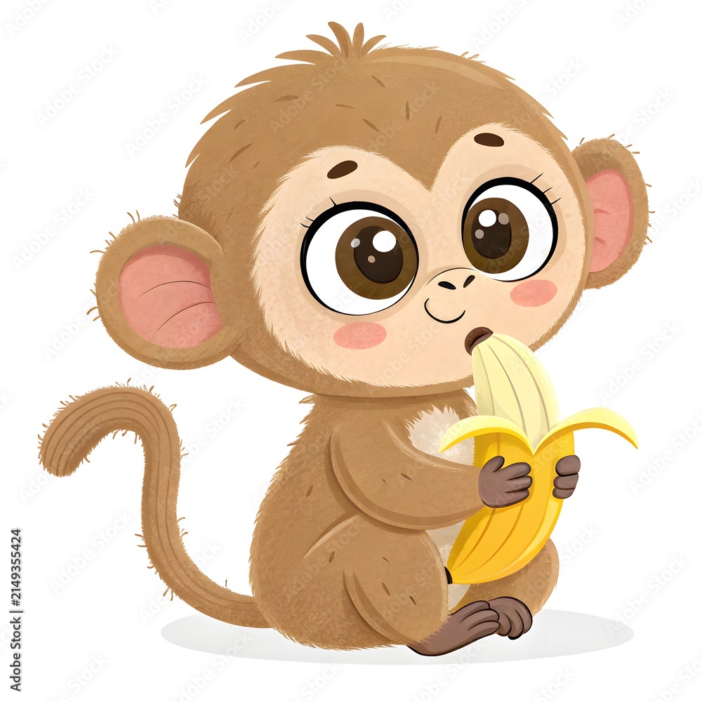 Obraz premium Cute cartoon monkey eating banana