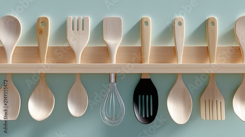 Wooden kitchen utensils are neatly displayed on a wooden shelf, enhancing the warmth and functionality of the cooking area