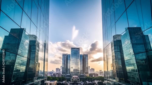 Modern glass skyscrapers reflecting sunset in urban city
