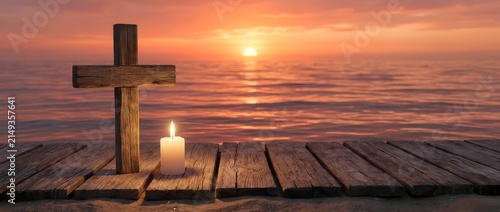 Hyper-Realistic Coastal Sunset Cross Candle Scene: White Candle Glow on Wooden Boardwalk, Orange Pink Sea Shimmer, Serene Devout Atmosphere