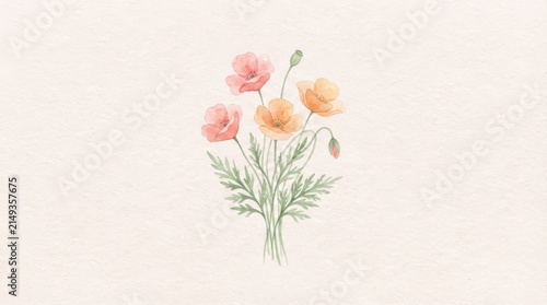 Fresh Watercolor California Poppy Illustration: Warm Orange Yellow Flowers and Grey Green Leaves on Cream Paper, Minimal Healing Art