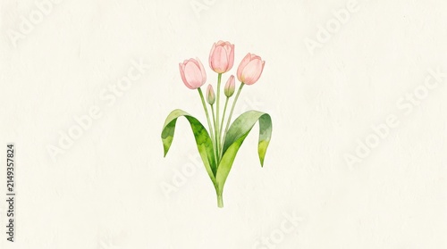 Fresh Watercolor Tulip Illustration: Soft Blooms and Green Leaves on Cream Paper, Minimal Healing Art