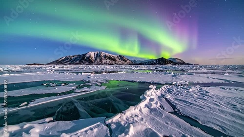 Aurora borealis glowing over frozen arctic ice fields.