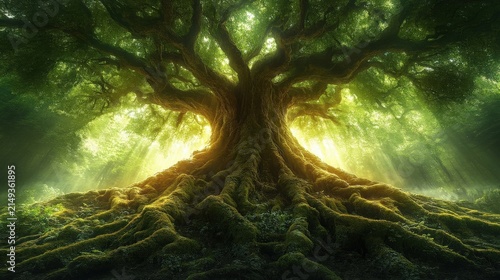 Ancient Majestic Tree With Spreading Roots In The Forest With Golden Sunlight Shining Through