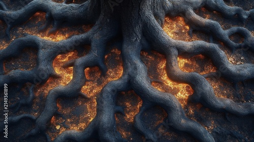 Dark Tree Roots Growing Over Glowing Hot Molten Lava Texture Surface With Intense Fiery Orange