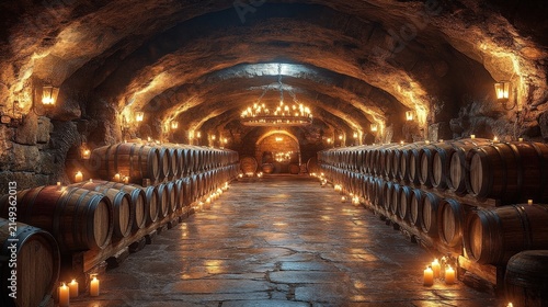 Rustic Wine Cellar With Wooden Barrels And Glowing Candlelight Atmosphere In Stone Vaulted Corridor