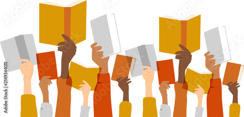 Hands holding books. Modern colourful design.