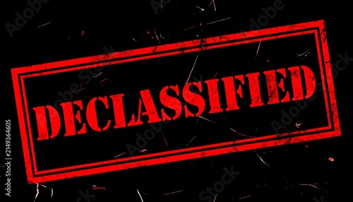 DECLASSIFIED Stamp Artwork Bold Red Typography Distressed Texture Black Background Confidential Information Public Access Security Design