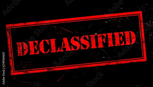 DECLASSIFIED Stamp Artwork Bold Red Typography Distressed Texture Black Background Confidential Information Public Access Security Design