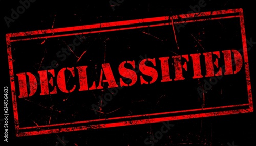 DECLASSIFIED Stamp Artwork Bold Red Typography Distressed Texture Black Background Confidential Information Public Access Security Design